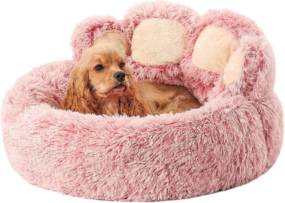 Jiupety Paw Shape Calming Pet Bed. Plush Faux Fur Donut Bed for Dogs & Cats