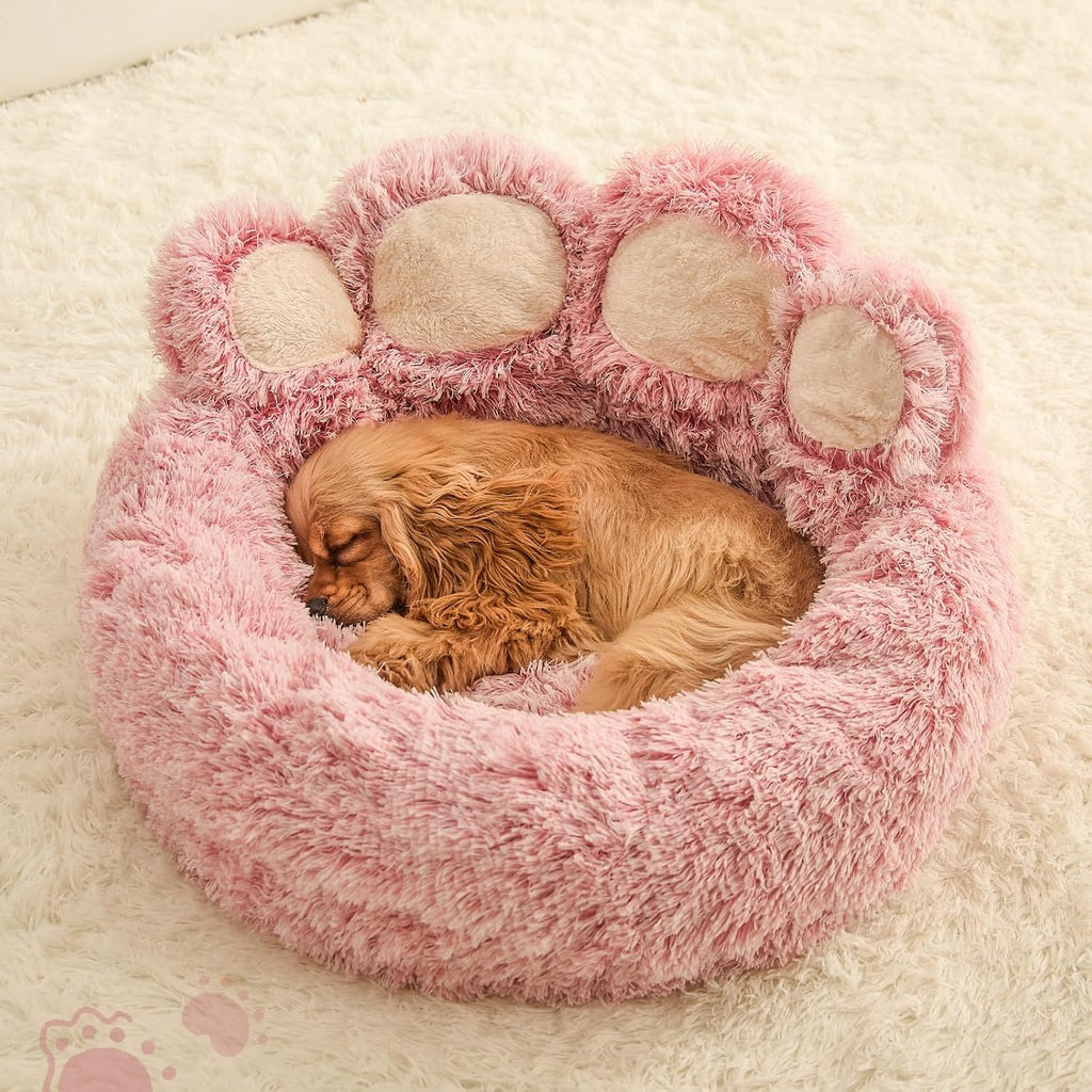 Jiupety Paw Shape Calming Pet Bed. Plush Faux Fur Donut Bed for Dogs & Cats