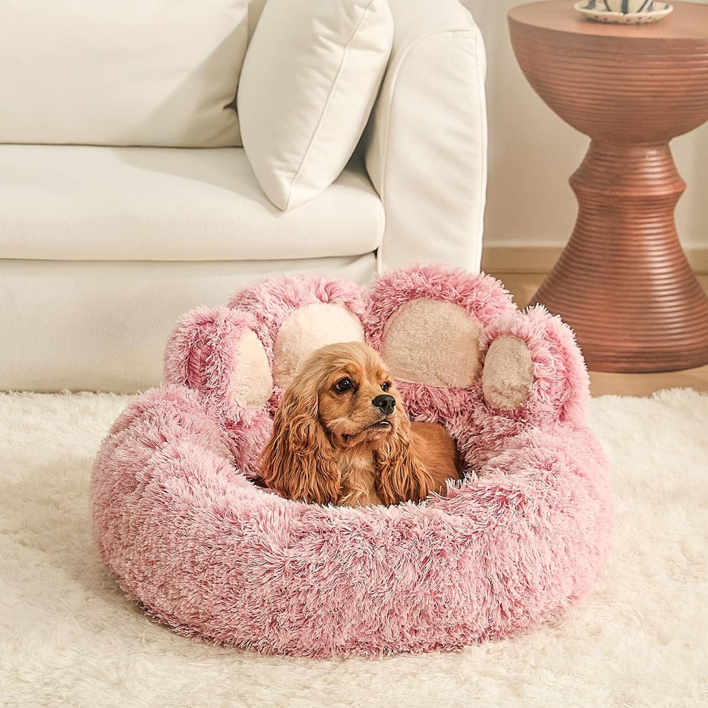 Jiupety Paw Shape Calming Pet Bed. Plush Faux Fur Donut Bed for Dogs & Cats
