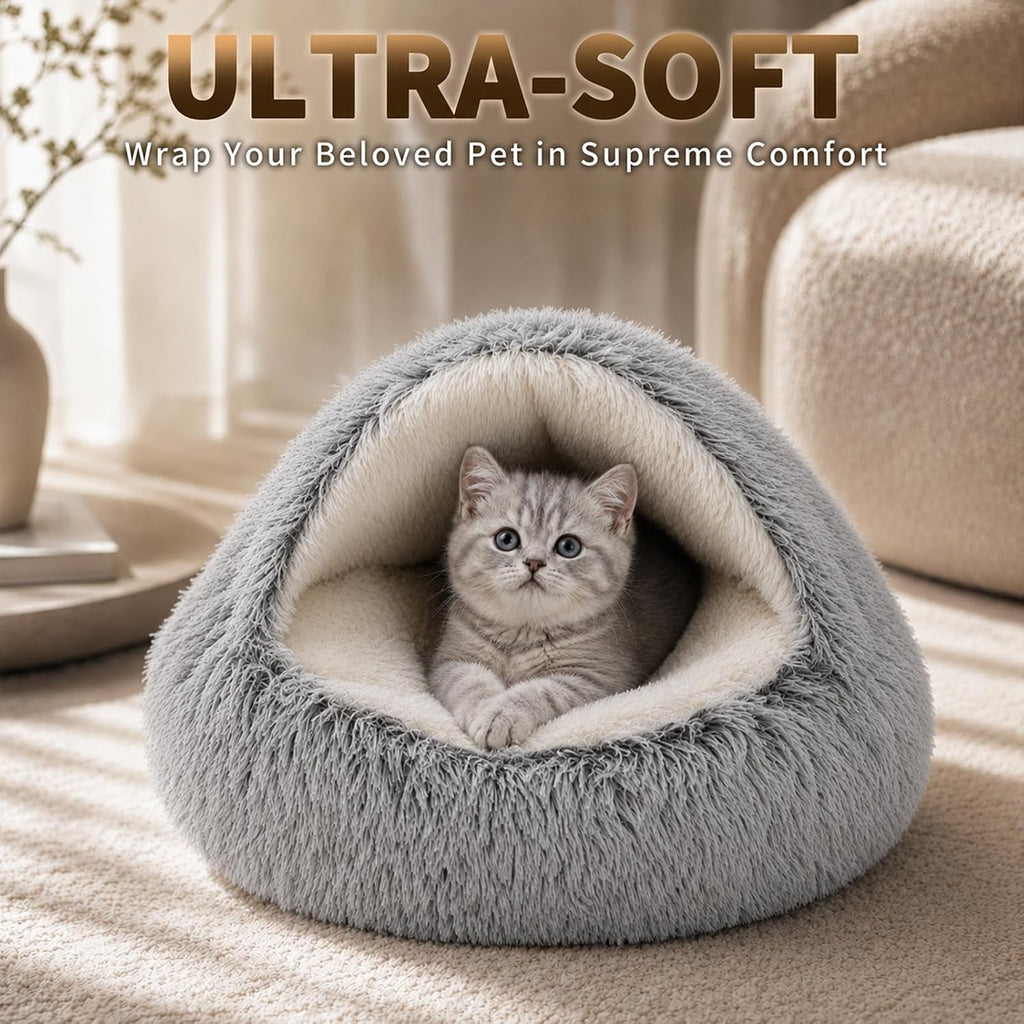 ShinHye Cat Bed Round Plush Fluffy Hooded Cat Bed Cave