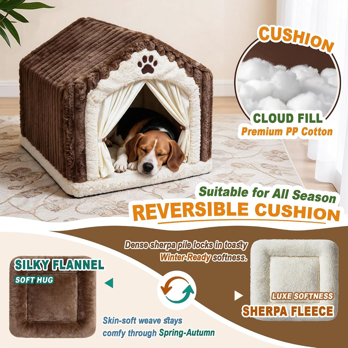 Pelemee Luxury Dog House Indoor. Warm Double-Layer Dog Cave Bed